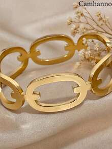 Camhanno 1pc Luxury Hollow Chain Bracelet, Stainless Steel Plated 18K Gold Anti-Fading Anti-Allergic, Geometric Chain Link Design, High-End Jewelry Suitable For Daily Commute And Dates - Gold - View 4