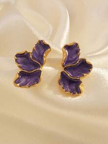 1 Pair Mori Style Maple Leaf & Flower Earrings, Fashionable Light Luxury Versatile Minimalist Colorful Petal Studs - Purple - View 5