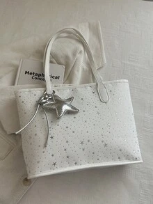 1 pièce Sac à épaule de mode pour femme avec imprimé étoile, sac fourre-tout portable polyvalent de grande capacité, convient pour les rendez-vous, les achats, les sorties, les voyages, livré avec un pendentif exquis - Blanc - Voir 7