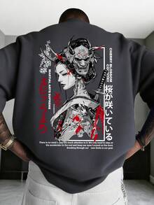 日系暗黑美學印花夏季男款黑色圓領短袖T恤 - 深灰色 - 查看 2