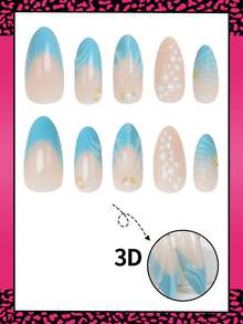 10片中號杏仁形穿戴式美甲片，夏季海灘風 3D 貝殼紋理白色珍珠與金色鋼珠裝飾藍色法式指尖美甲，適合美甲店、女孩與女性日常佩戴、假期派對與禮物 - 淺藍色 - 查看 2