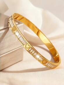 1 pieza/3 piezas Juego de pulsera de lujo de acero inoxidable chapada en oro de 18K con corazón de diamantes de imitación, combinada con brazalete abierto de cobre incrustado con circonita cúbica de alta transparencia, resistente a la decoloración, versátil para el uso diario, citas, fiestas, juego de pulseras premium para mujeres - Dorado - Ver 2