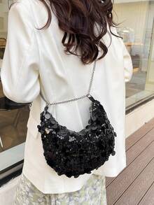 Fashion Solid Color Sequin Crescent Shoulder Bag, Metal Chain Strap, Suitable For Women Shopping, Dating, Gifts And Daily Use - Black - View 5
