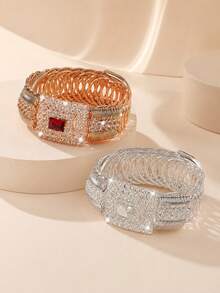1 pieza Brazalete cuadrado con strass completo, apertura de resorte, regalo de fiesta, boda, joyería decorativa de moda - Plata + Rojo 2 piezas - Ver 2