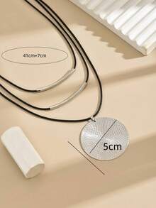 1pc Vintage Personalized Multi-Layer Metal Tube Round Textured Large Disc Pendant Necklace For Women, Elegant And Exquisite, Suitable For Various Occasions - Silver - View 4