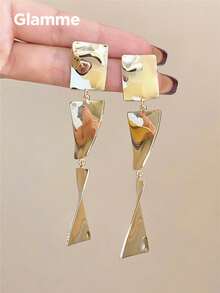 1 par de pendientes largos de barra geométrica metálica brillante, pendientes elegantes de moda casual exagerada y versátil para fiesta de graduación, vacaciones y fotos - Dorado - Ver 8