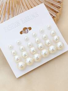 12 Pairs Ins Influencer Style Mixed Size Pearl Stud Earrings, Minimalist Cold Style Versatile All-Match Jewelry Set For Girls And Women - Beige - View 4
