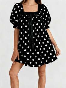 Women Puff Sleeve Nightdress White Black Dotted Print Geometric Neck Sleepwear With Long Ribbon Bow Short Sleeve Pajama Dress - 黑色 - 查看 1