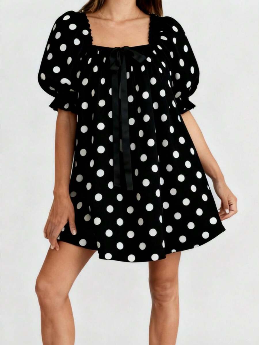 Women Puff Sleeve Nightdress White Black Dotted Print Geometric Neck Sleepwear With Long Ribbon Bow Short Sleeve Pajama Dress - 黑色 - 查看 1