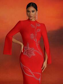 Love Aing Elegant Red Long Sleeve Dress With Sequin Embellishments And Slit Design, Graceful And Sophisticated, Suitable For Wedding, Holiday, Date, Cocktail Party, Evening Event And Party Occasions - Red - View 13
