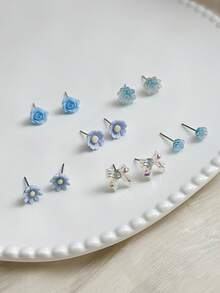 6 Pairs Minimalist Fashion Bow & Floral Earring Set, Assorted Designs, Women's Stud Earrings For Daily Wear, Dating, Outings, Gift For Friends - Baby Blue - View 2