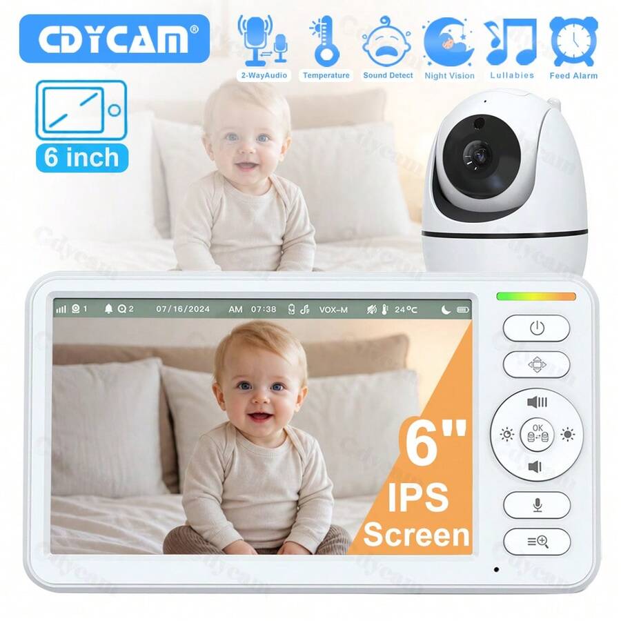 6.0 Inch Baby Monitor With 4x Zoom Camera, Wireless Video Monitoring Smart Baby Camera, Two-Way Audio, Night Vision Function - White - View 1