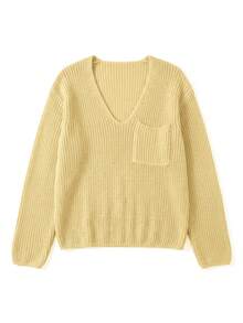 JustMiss Women's Loose Oversized V-Neck Cold Shoulder Multi-Way Wear Long Sleeve Casual Knit Sweater Top With Pockets, Thick Warm Versatile Autumn/Winter Style - Yellow - View 9