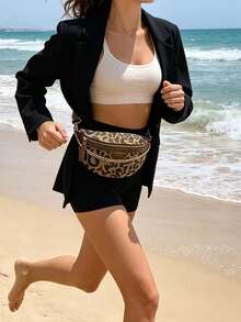 Leopard Print Waist Bag With Chain Decoration, Adjustable Wide Strap Crossbody Waist Bag For Women, Casual Chest Bag For Daily And Travel - Brown - View 3