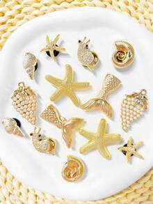 20件米色鞋飾（海星、花朵、貝殼、蝴蝶結）適用於洞洞鞋DIY裝飾配件，完美搭配單品，生日、節日、派對最佳禮物選擇 - 金色14pcs - 查看 2