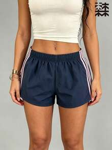 mulinsen Women's Ice Silk 3-Inch Shorts, Pink 4-Stripe Side Elastic Waist Summer Running Shorts - Navy Blue - View 5