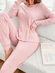 2件組女款V領收口家居服套裝，優雅寬鬆圓領羅紋針織睡衣套裝，適合春夏秋季，可戶外穿著 - 粉色 - 查看 1