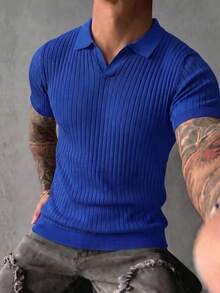 Men's Classic Ribbed Knit Polo Short Sleeve Shirt, Solid Color, Suitable For Summer Outings, Fashion Essential - Royal Blue - View 5