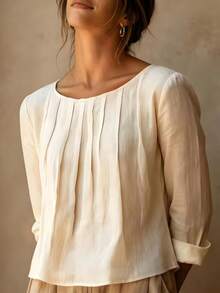 Women's Elegant Pleated Long Sleeve Blouse, Regular Fit Solid Color Top, Suitable For Spring And Autumn Wear, Vintage Style Regular Hem Top - Apricot - View 2