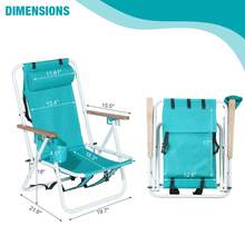 Folding Beach Chair, 4 Position Portable Backpack Foldable Camping Chair With Headrest Cup Holder And Wooden Armrests, Green - 1 - View 3