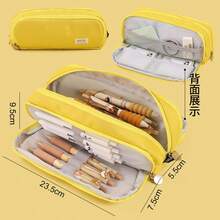 Large Capacity 3-Compartment Pencil Case, Pencil Pouch, Suitable For School, Teens, Girls, Boys, Men, Women - Bright Yellow - View 3