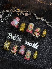 10 Peças Unhas Postiças Curtas Estilo Duck Totalmente Cobertas Feitas à Mão, Unhas Douradas, Estilo Y2K Deslumbrante e Elegante, Unhas Falsas Removíveis e Reutilizáveis com Cola de Gelatina e Lixa de Unha, Adequadas para Casamento, Banquete, Encontro no Jardim, Festa de Aniversário, Estilo Diário - Dourado - Visão 2