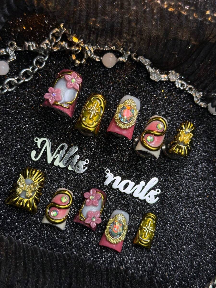 10 Peças Unhas Postiças Curtas Estilo Duck Totalmente Cobertas Feitas à Mão, Unhas Douradas, Estilo Y2K Deslumbrante e Elegante, Unhas Falsas Removíveis e Reutilizáveis com Cola de Gelatina e Lixa de Unha, Adequadas para Casamento, Banquete, Encontro no Jardim, Festa de Aniversário, Estilo Diário