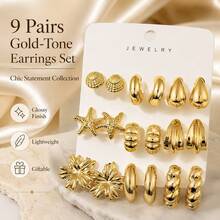 6/18pcs New Stylish Lightweight Multi-Element Earrings, Suitable For Daily Wear All Year Round, Thick Marine Series Earrings, Low Allergy For Women. Includes Starfish, Small Seashell, Five-Petal Flower, Small C-Shape, Medium C-Shape, Water Drop, Twisted C-Shape - Gold - View 3