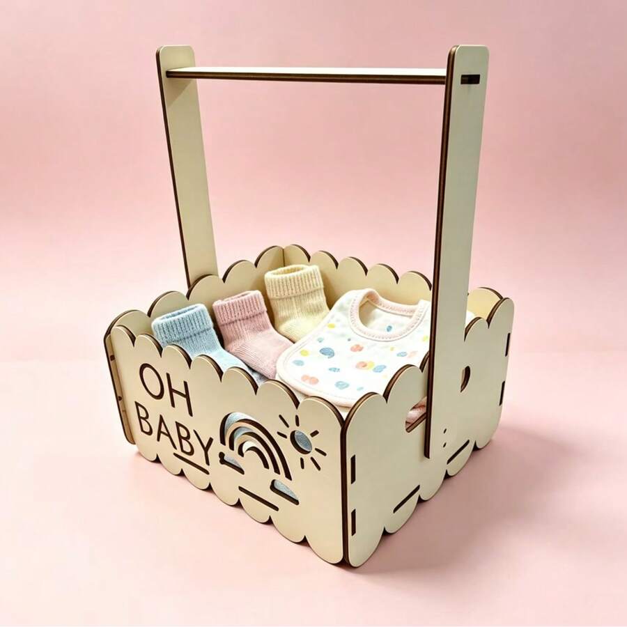 木製收納籃附手把,28*17*12cm 嬰兒襪子與桌面小物品收納盒 - 芥末黃 - 查看 1
