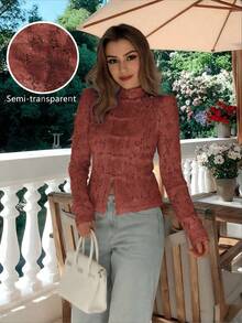 Women's Spring And Fall Elegant Semi-Sheer Lace Blouse With Stand Collar And Long Sleeves Regular Fit Button Details Woven Fabric Vacation - Brown - View 1