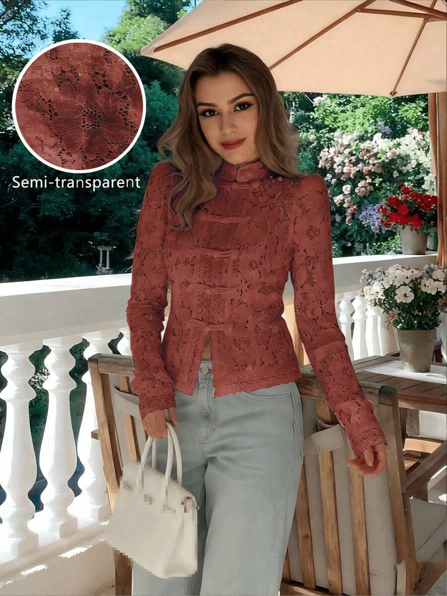 Women's Spring And Fall Elegant Semi-Sheer Lace Blouse With Stand Collar And Long Sleeves Regular Fit Button Details Woven Fabric Vacation - Brown - View 1