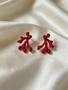 1 Pair Fashion Zinc Alloy Red & Gold Deep Sea Coral Textured Earrings, French Luxury Asymmetrical High-End Stud Earrings - Coral Earrings - View 10