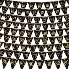 Schwarz-goldene Geburtstags-Wimpelkette, schwarz-goldene Dreiecks-Fahnen-Girlande mit 16., 18., 21., 30., 40., 50., 60., 70., 80. Geburtstags-Zahlen-Muster, schwarz-goldene hängende Wimpel-Dekoration für Erwachsenen-Geburtstag, Ruhestand, Jubiläums-Party-Zubehör - Übersicht 10