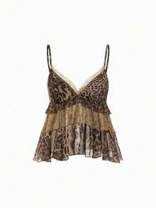 Top de tirantes finos con estampado de leopardo en patchwork, empalmado de encaje de poliéster, casual de vacaciones y playa para el verano - Caqui - Ver 3