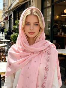 1pc Fresh Girly Style Solid Color Chiffon Embroidered Scarf, Niche Rose Embroidery Long Scarf, Multi-Functional Decorative Headscarf - Multicolor - View 8