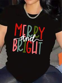 Women's T-Shirt - Women's Black T-Shirt With Festive And Cheerful Design - Lightweight Casual Short Sleeve Crew Neck T-Shirt, Perfect For Summer Outings And Christmas Parties, With Vibrant - 黑色 - 查看 1
