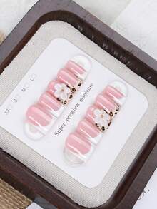 10pcs Short Square Press-On Nails, Pink Nude White French Ombre Leopard Print With 3D White Flower And Gold Stud Decor, Reusable Full Coverage Fake Nails, Suitable For Women Girls Daily Date Party Wedding Manicure Handmade Press On Nails - Multicolor - View 4