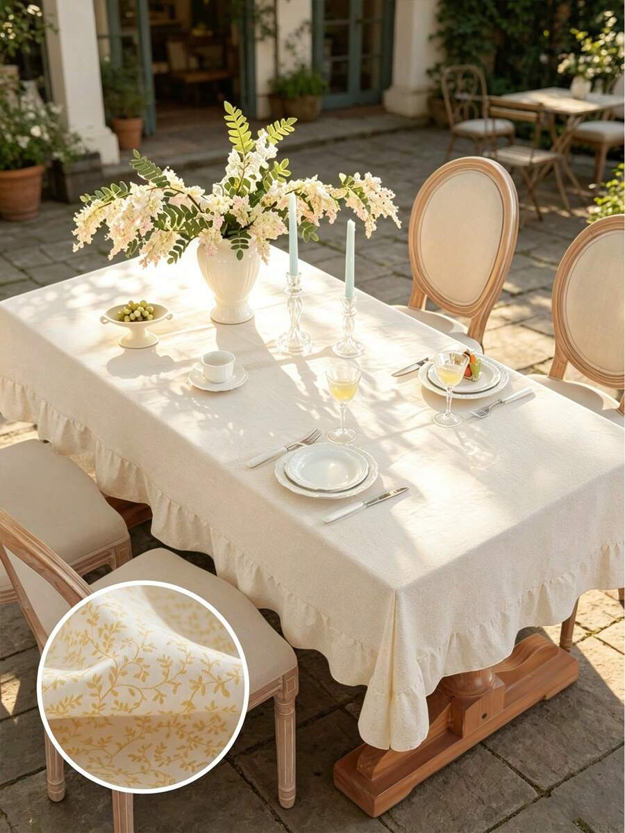 1pc Tablecloth With Scalloped Lace Trim, Polyester Fabric, Pale Yellow Floral Pattern, Rectangular/Square Tablecloth, Suitable For Dining Room And Living Room Table Decor - Light Yellow - View 1
