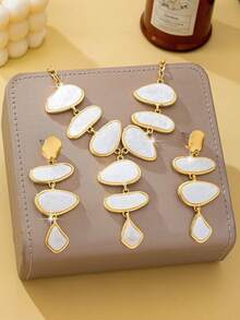 3pcs Exaggerated Asymmetrical Geometric Pendant Necklace & Stud Earrings Set, Suitable For Beach, Vacation, Party, Banquet, Daily Wear - White - View 3