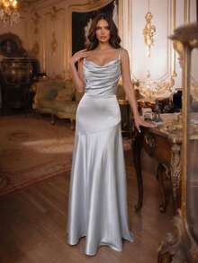 New Thin Strap Tie-Up Halter Neck Fitted Ruched Backless Sexy Maxi Dress, Women's Holiday Party Formal Evening Gown - Gray Blue - View 5