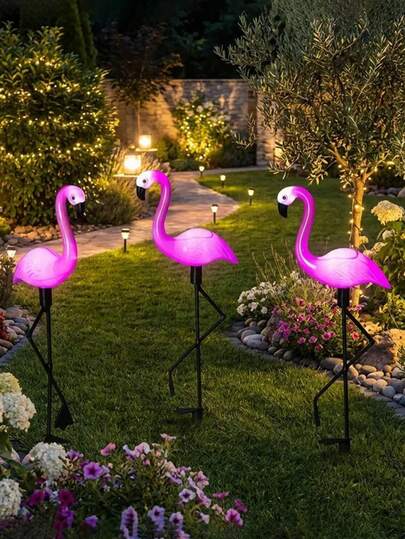 3pcs/1pc Solar Powered Pink Flamingo Garden Lights, Waterproof Solar Outdoor Decorative Stake Lights, Flamingo Garden Solar Lights, Garden Patio Pathway Driveway Lawn Yard Landscape Christmas Decoration Gift