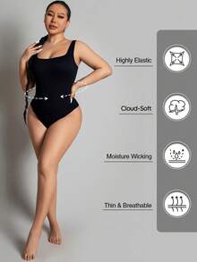 Seamless Solid Color Ribbed Knit Bodysuit Casual Black Summer Elegant - Black - View 3