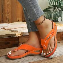 Women's Solid Color Rhinestone High Heel Flip Flops Beach Sandals For Summer Vacation - Orange - View 6