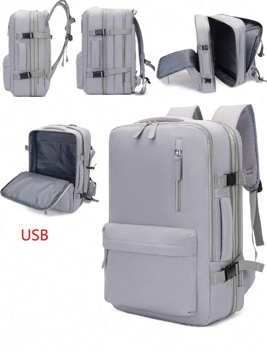 大容量可擴展中性旅行後背包，可容納 15.6 吋筆電，附 USB 接口、行李束帶與多功能收納口袋，適合商務與學生使用