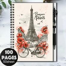1 Set French Vintage Style 2D Cover Spiral Coil Notebook, Exquisitely Featuring Eiffel Tower And Vibrant Floral Patterns, Paired With Matching Style Pen. Suitable For Back To School, Work Records, Graduation Gifts, Birthday Gifts, Journaling, Daily Planning, And Memo Pads, A Practical And Unique Choice. - F - View 8
