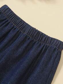 Young Girl Denim Set Fashionable Cute Ruffle Hem Button Front Round Neck Sleeveless Dark Blue Denim Vest Top And Casual Versatile Dark Blue Denim Wide Leg Pants Long Pants Set Back To School - Dark Wash - View 9