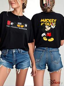Disney Mickey Mouse Print Tshirt, Women's Casual Mickey Mouse 100 Years Of Wonder Print Short Sleeve Round Neck Black Cotton T-Shirt, Summer Tops - 黑色 - 查看 1