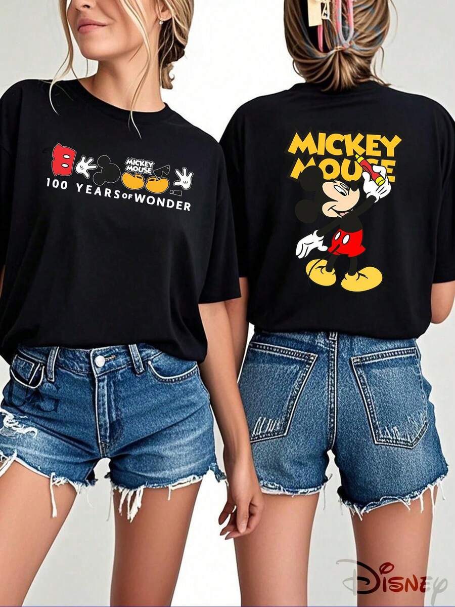 Disney Mickey Mouse Print Tshirt, Women's Casual Mickey Mouse 100 Years Of Wonder Print Short Sleeve Round Neck Black Cotton T-Shirt, Summer Tops - 黑色 - 查看 1