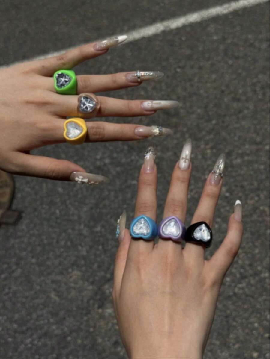 1-6件法式復古愛心INS風時尚小眾設計戒指,女款高級誇張設計,適合畢業典禮、音樂節、海邊度假、生日派對、復活節、驕傲月、日、感恩節、開學季、情人節、聖誕節、新年、日常配戴與送禮 - 彩色 - 查看 1