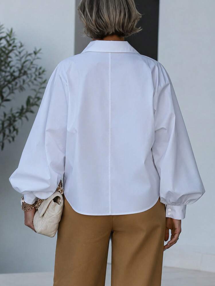 British Style Woven Long Sleeve Blouse, Elegant Top White Spring - White - View 8